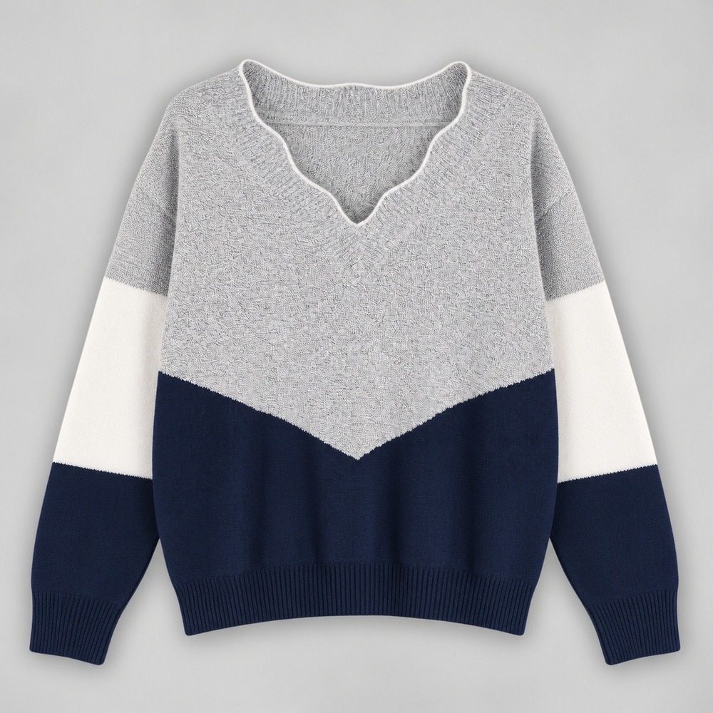 Womens XXL Colorblock Chevron V-Neck Knit Sweater Navy Grey White